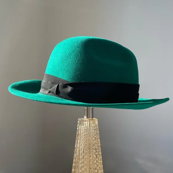 Vintage Hats in the Belfry Wool Emerald Fedora Hat Montana fedora emerald green with removable turquoise hat  main image 4